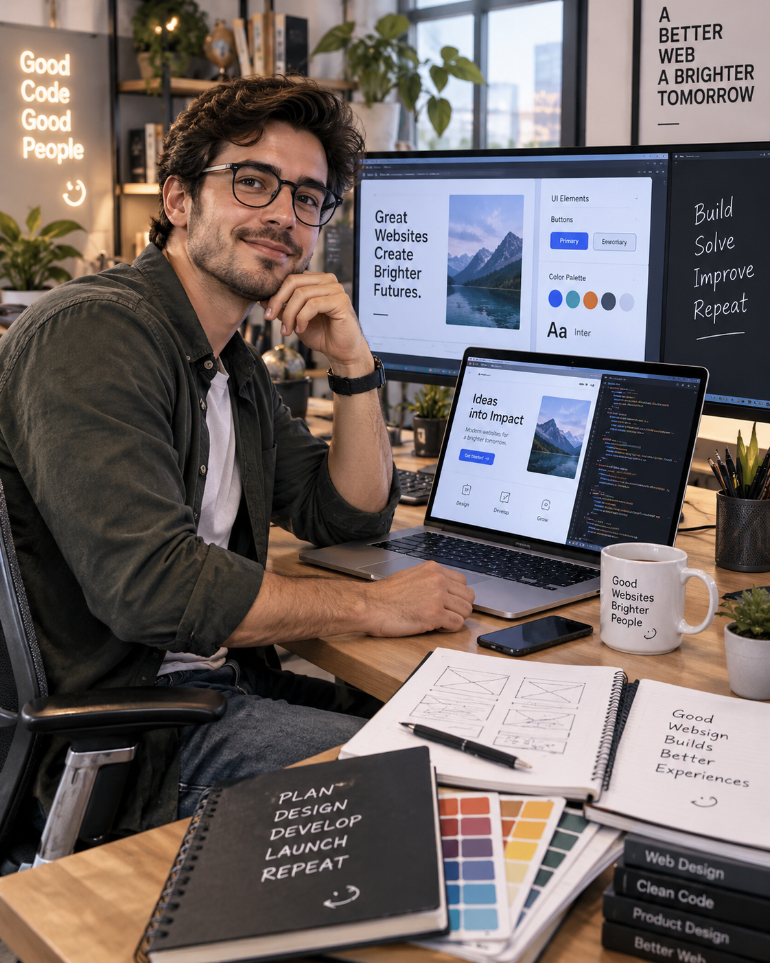Developer working at a laptop beside a window